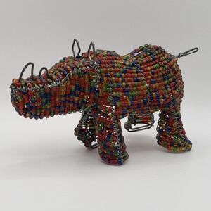 Rhino Beaded Wire Figurine Handmade African Artisan Glass Bead Wildlife Folk Art